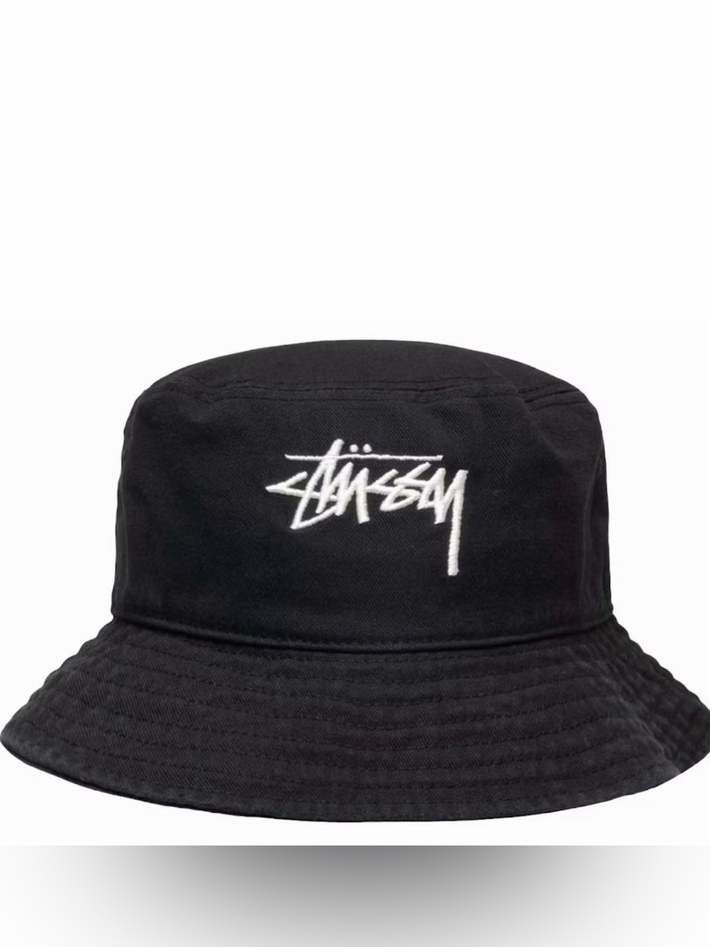 Stussy Black Bucket Hat with White Tag Detail